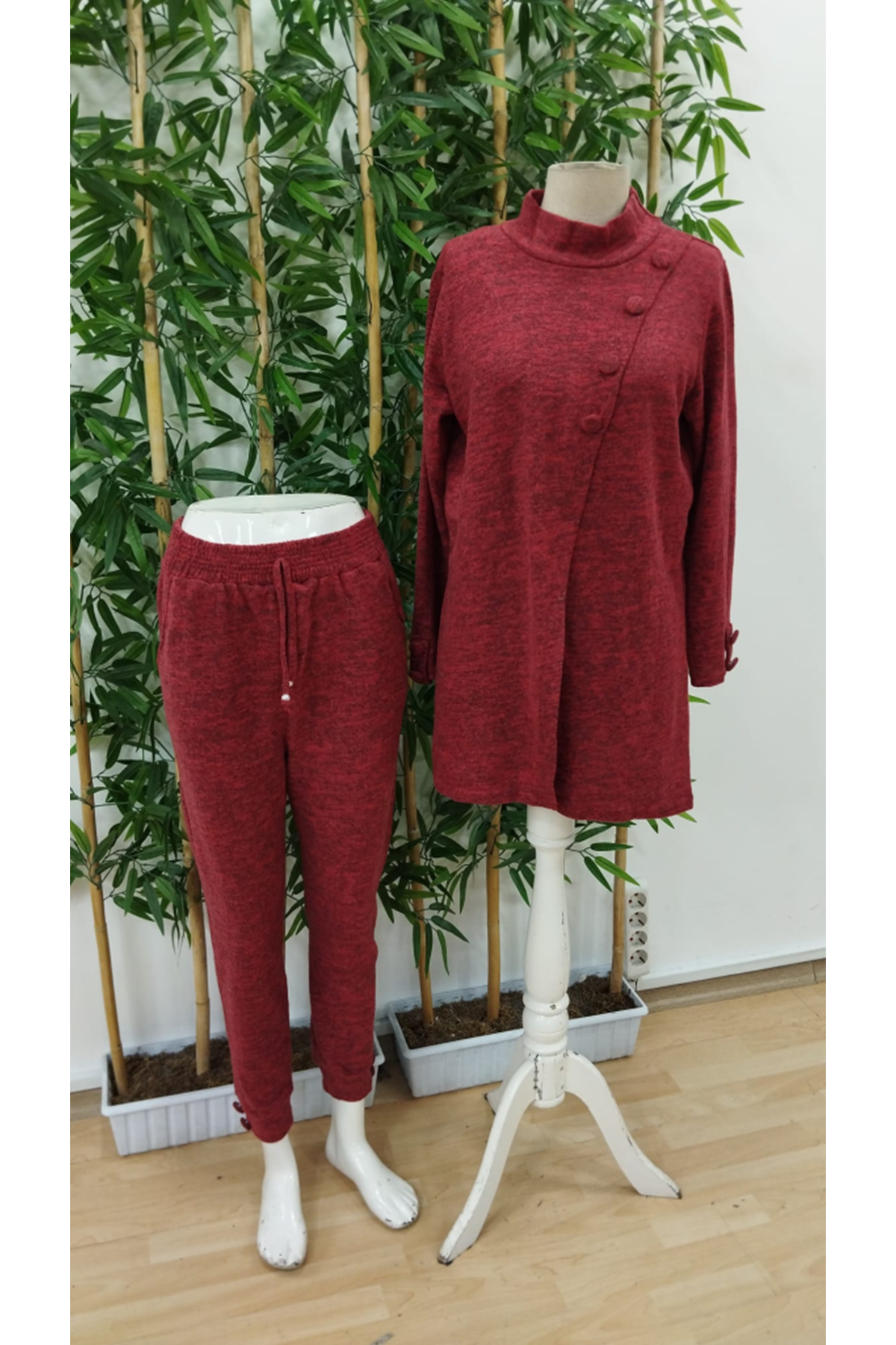 Kadın Uzun Kollu Balıkçı Yaka önden Düğmeli Bluz Ve Pantolon Yumoş Ikili Takım