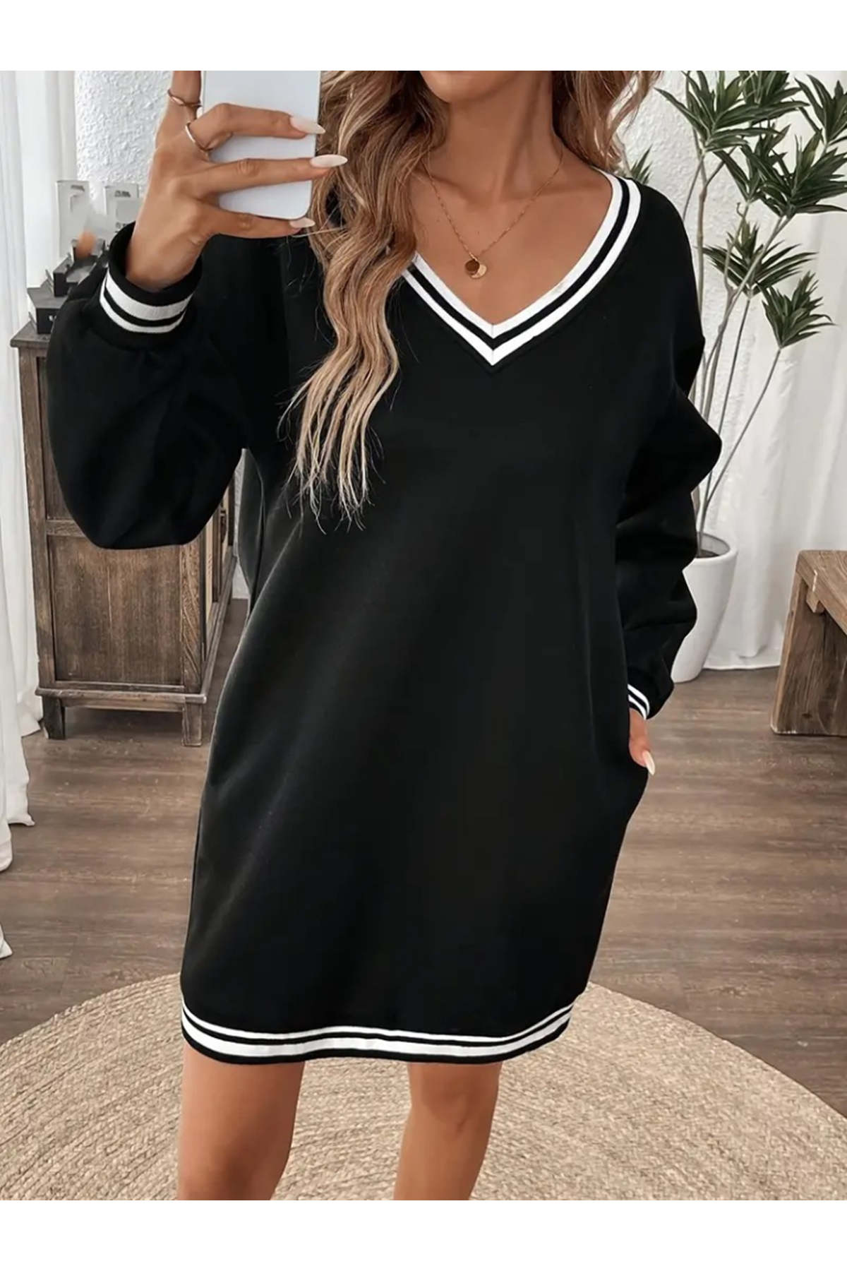 Kadın Uzun Kollu V Yakalı şerit Detaylı Kısa Viskon Iki Iplik Elbise