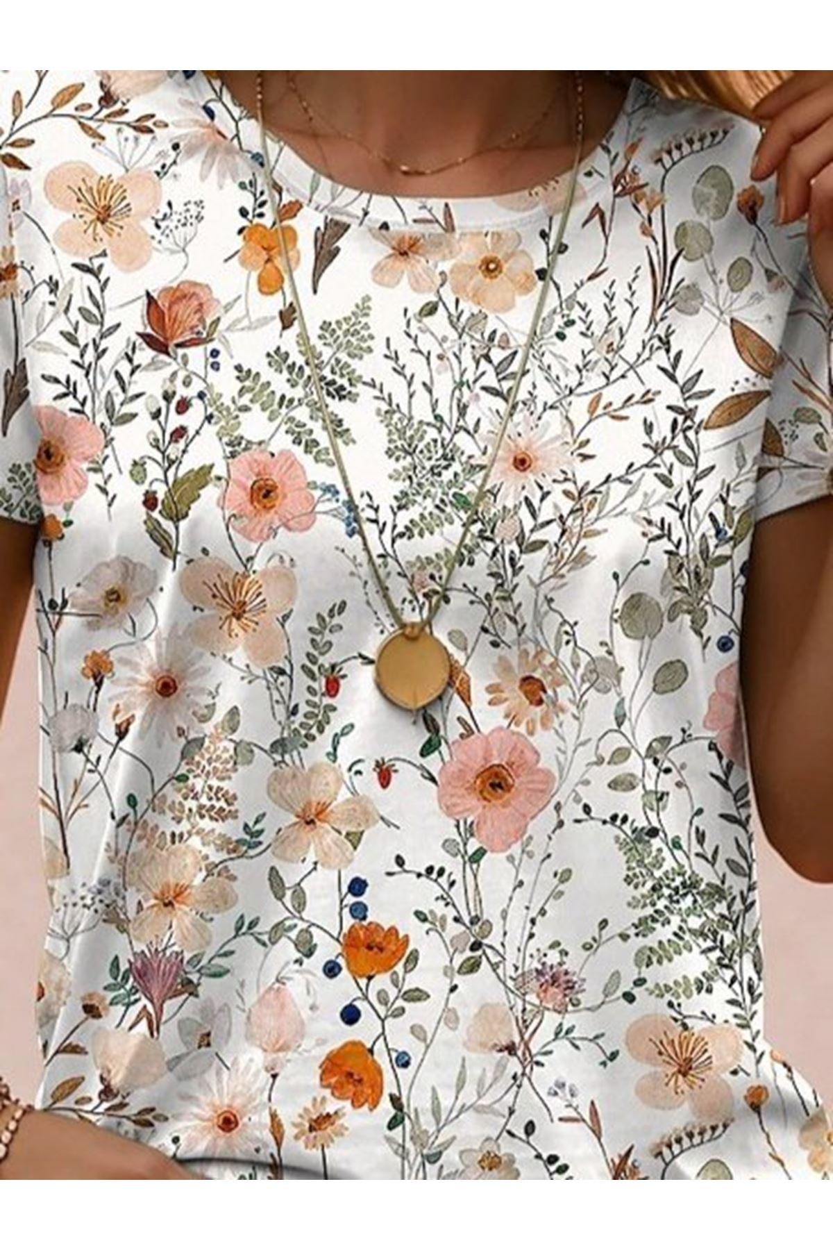 Kadın Kısa Kollu Bisiklet Yaka çiçek Desenli Viskon Bluz