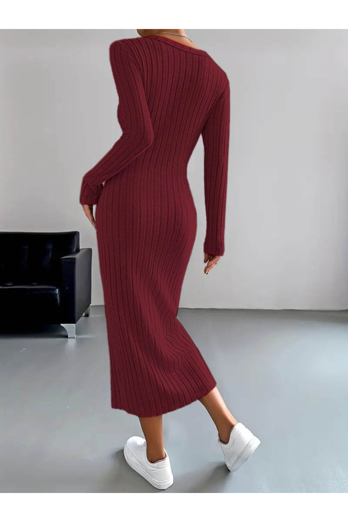 Kadın Uzun Kollu V Yakalı önden Düğmeli şardonlu Kaşkorse Elbise