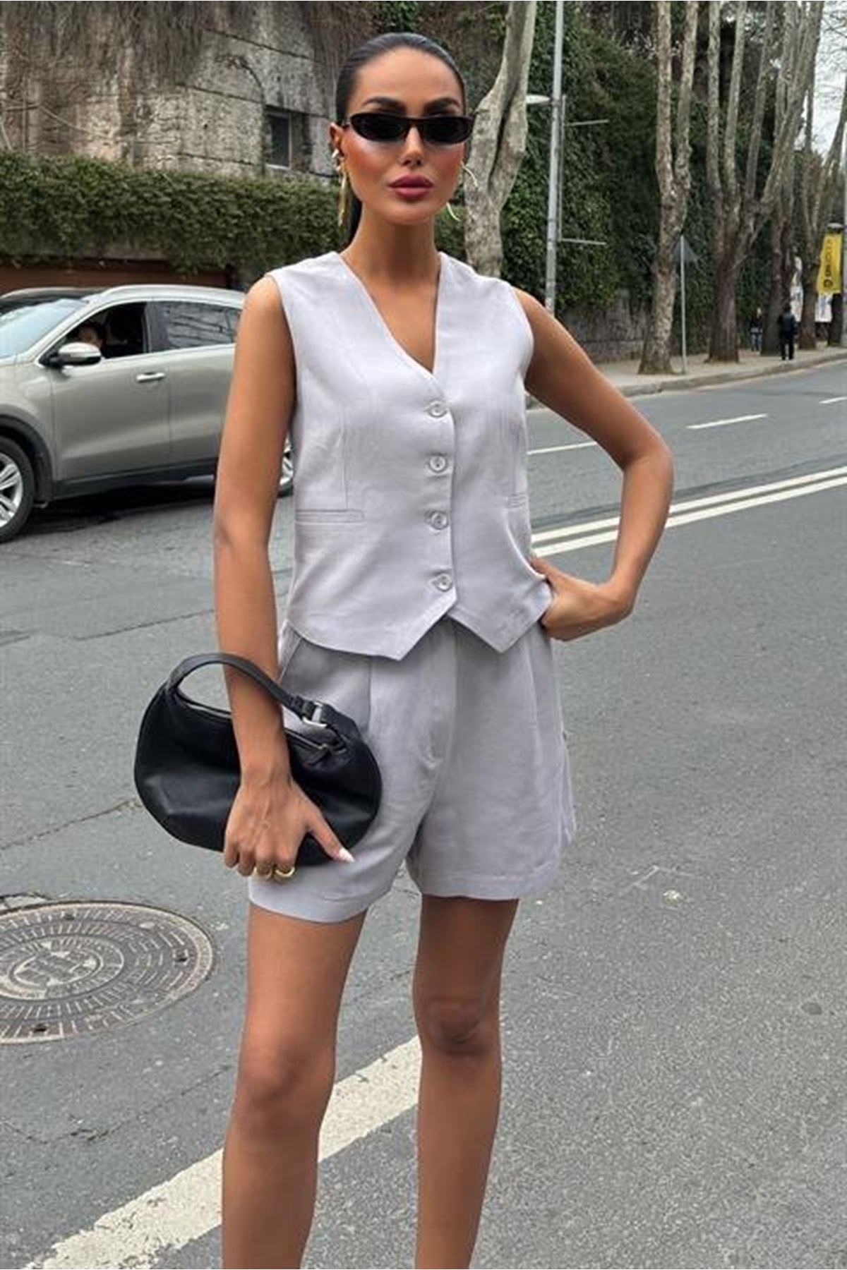 Yelek Şort Flamlı Keten Takım 10133-17