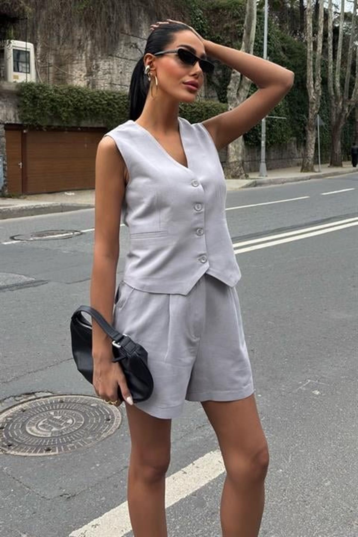 Yelek Şort Flamlı Keten Takım 10133-17