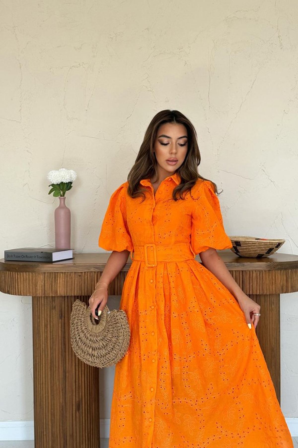 Oranj Pileli Balkon Elbise