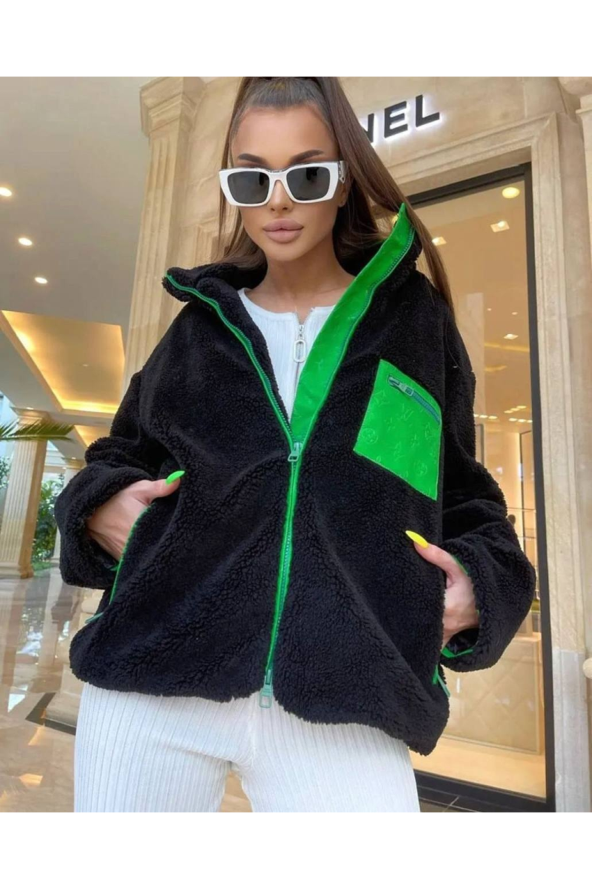 Kadın Uzun Kollu Renkli Cep Ve Fermuar Detay Peluş Mont