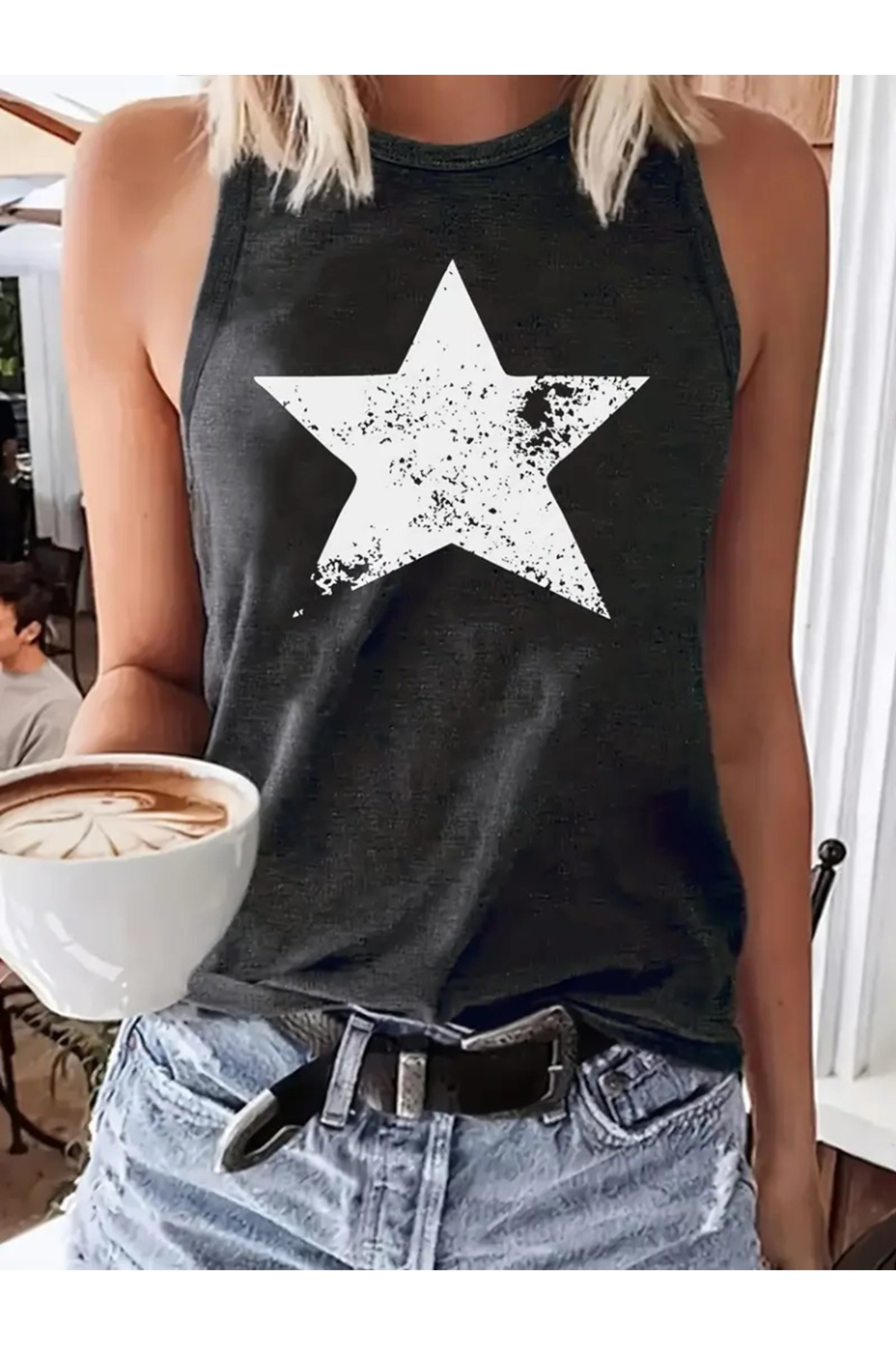 Kadın Askılı Yuvarlak Yaka Yıldız Desenli Süprem Bluz