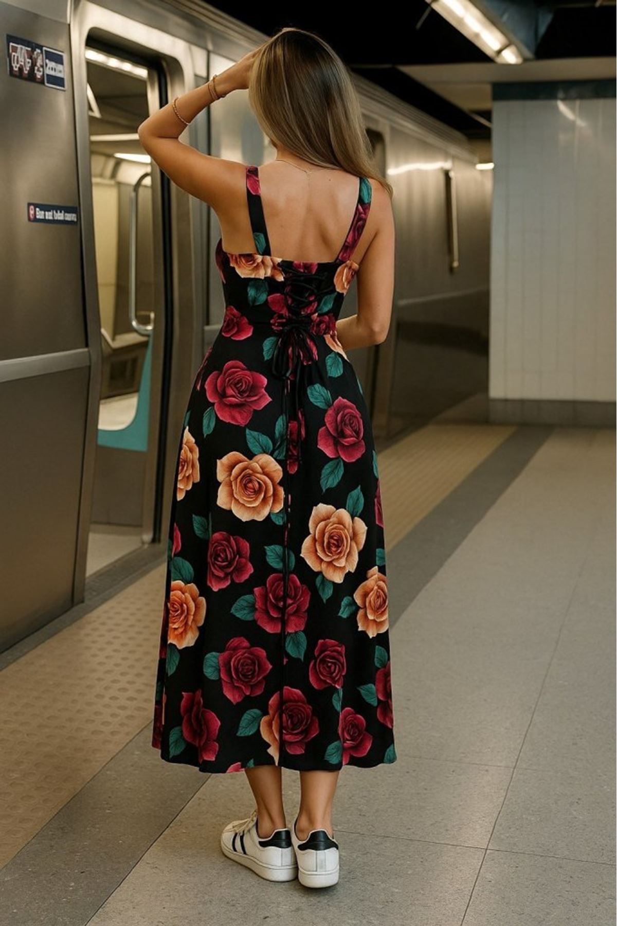 Kadın Askılı Geniş V Yakalı Sırttan Bağlamalı Yırtmaçlı Süprem Elbise