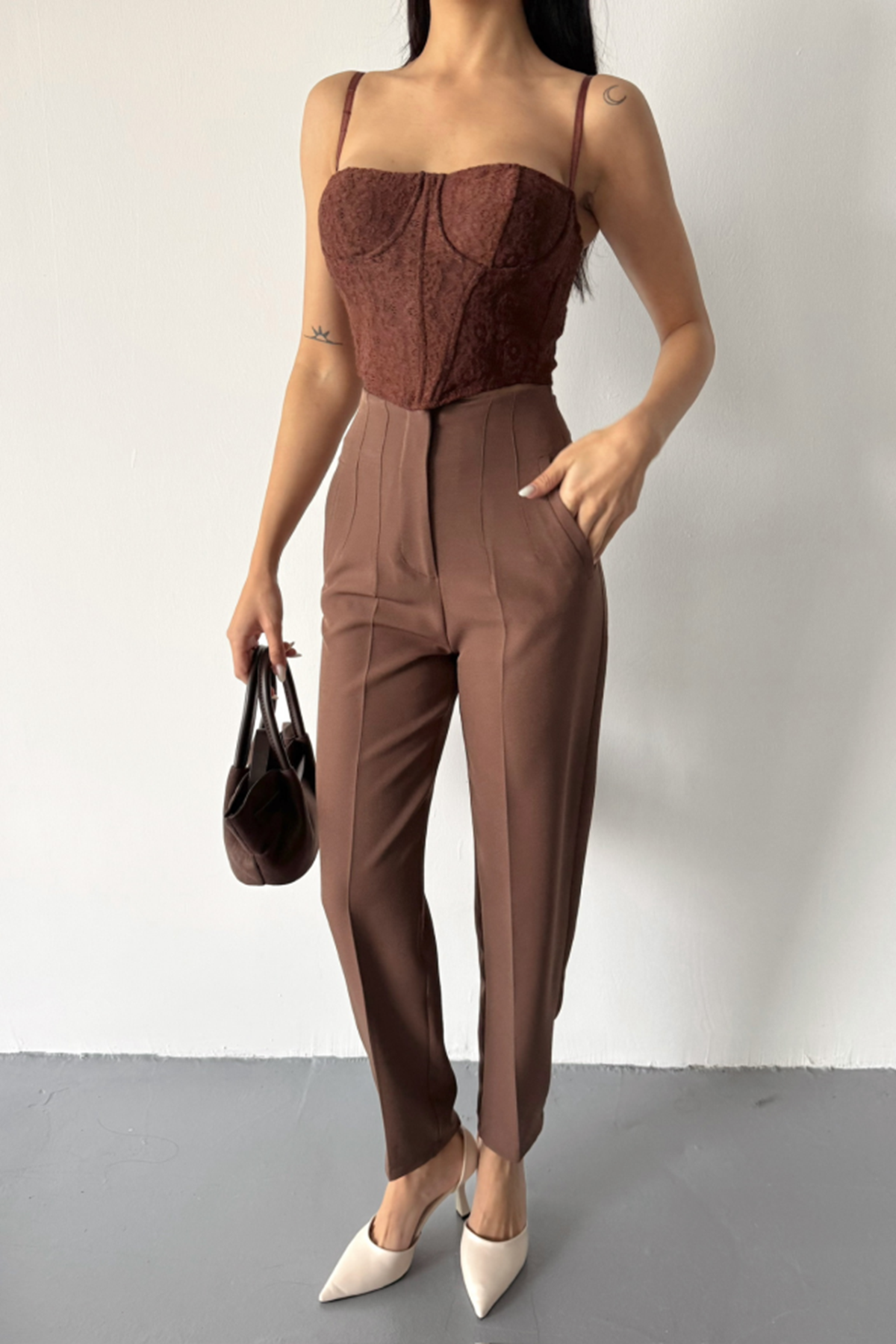 PANTOLON PENSLİ ATLAS KUMAŞ - Kahverengi