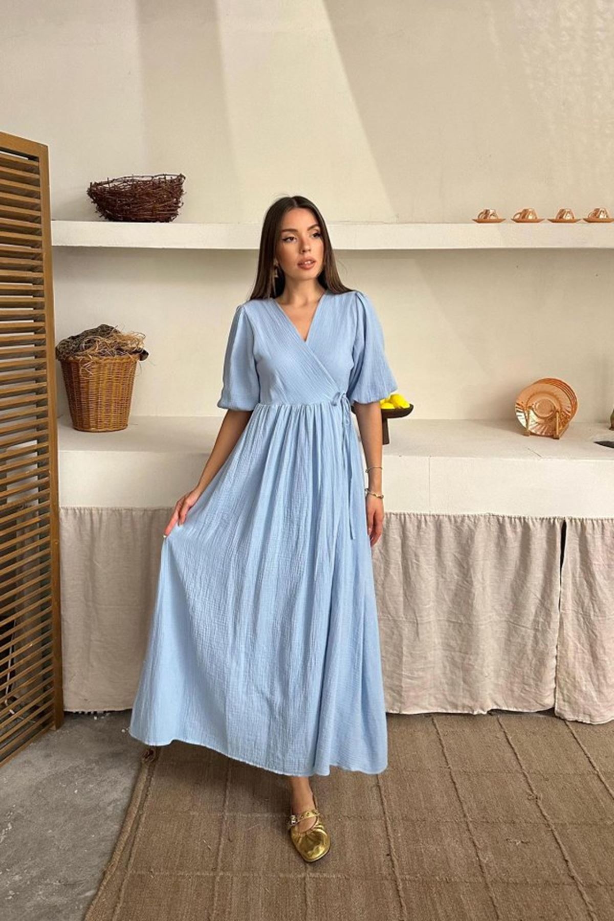 Bebe Mavi Müslin Uzun Elbise