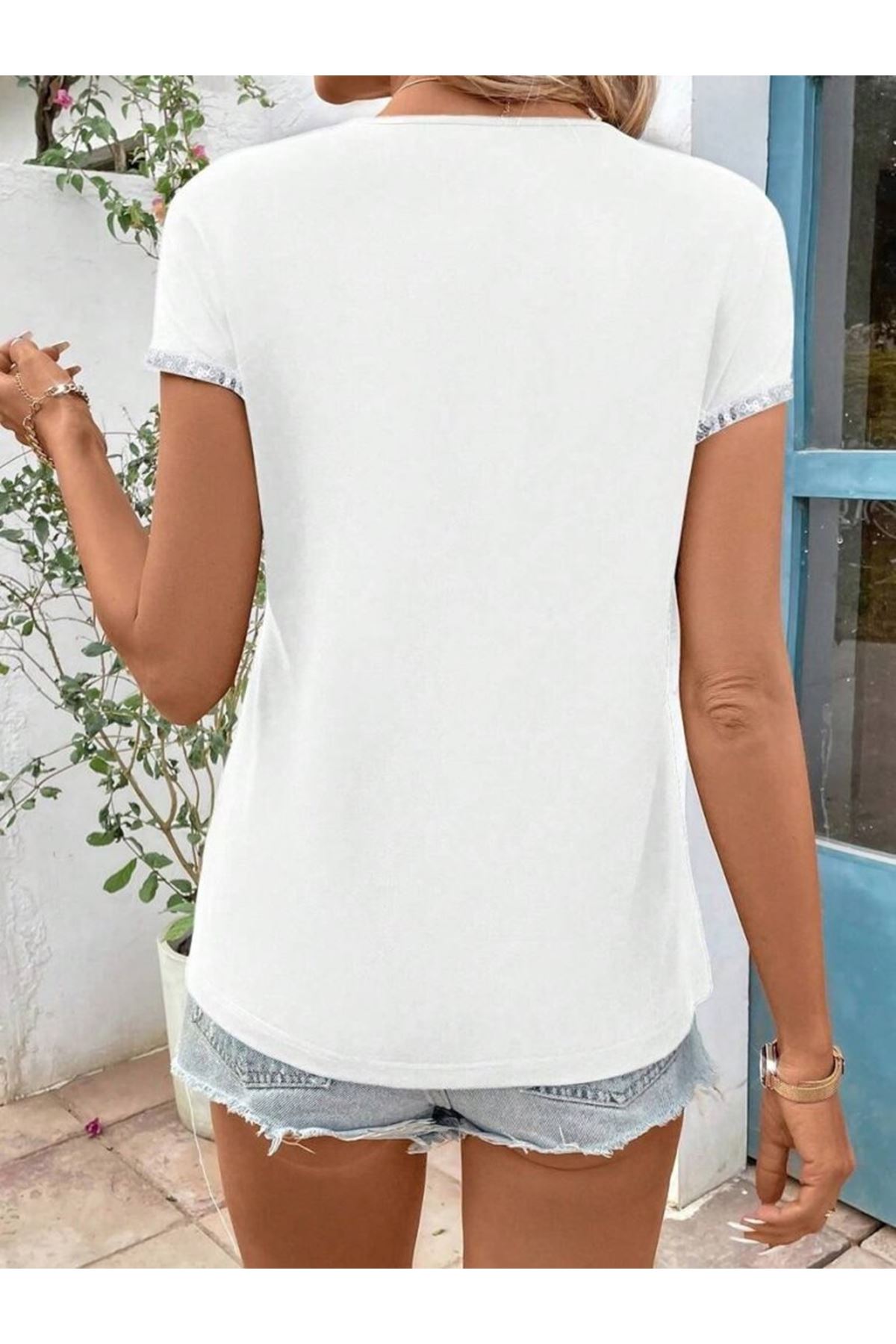 Kadın Kısa Kollu önden Fermuarlı Kol Ucu ışıltılı Viskon Bluz