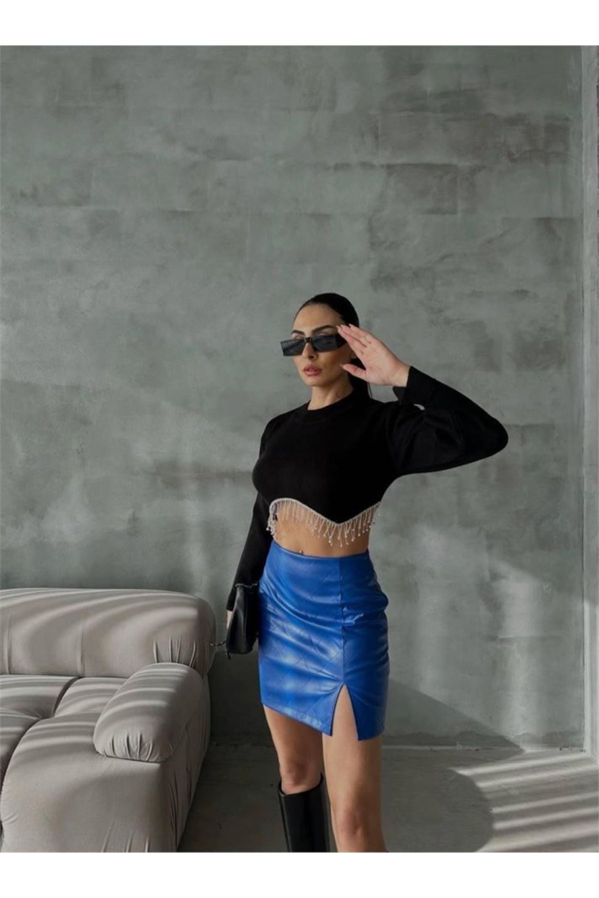 KAPİTONE DERİ ETEK YIRTMAÇLI - Saks