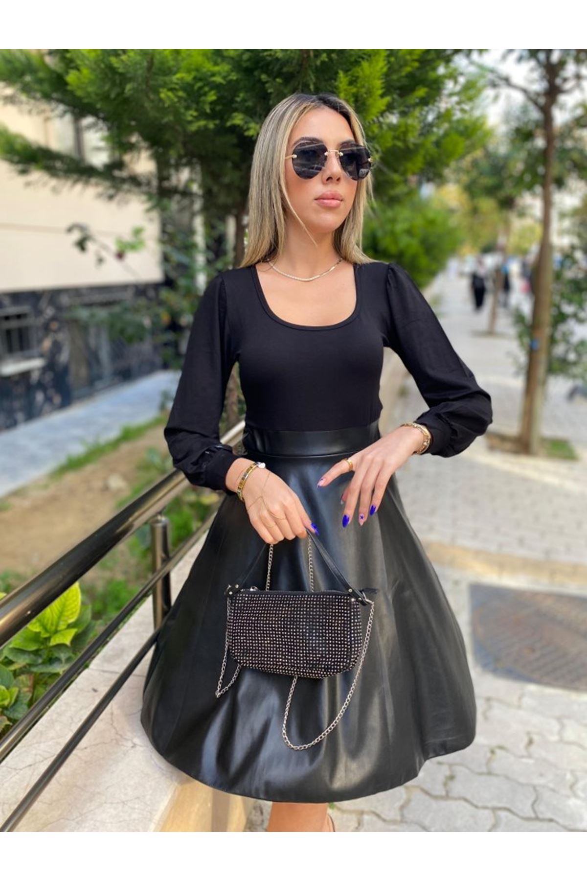 Kadın Uzun Kollu üst Viskon Alt Kloş Deri Elbise