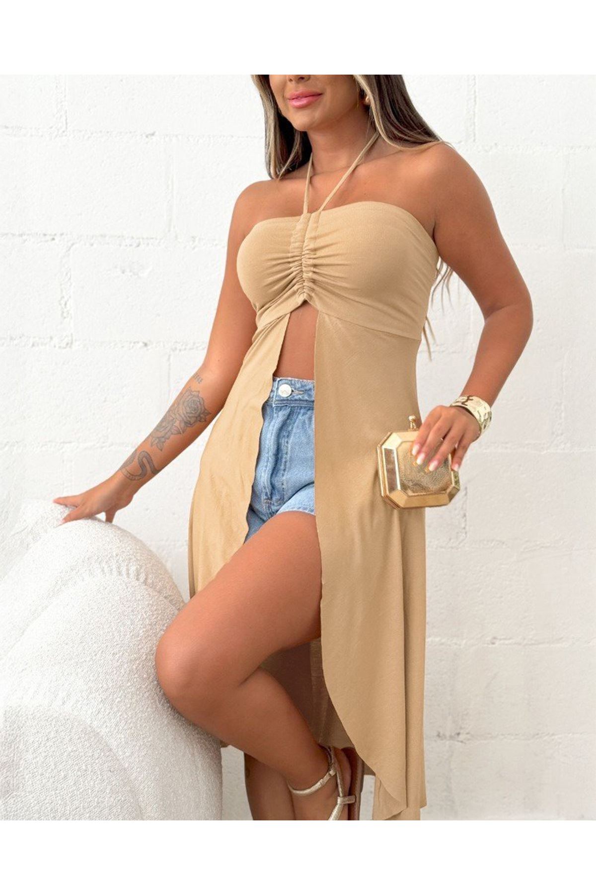 Kadın Straplez Boyundan Askılı Midi Bluz