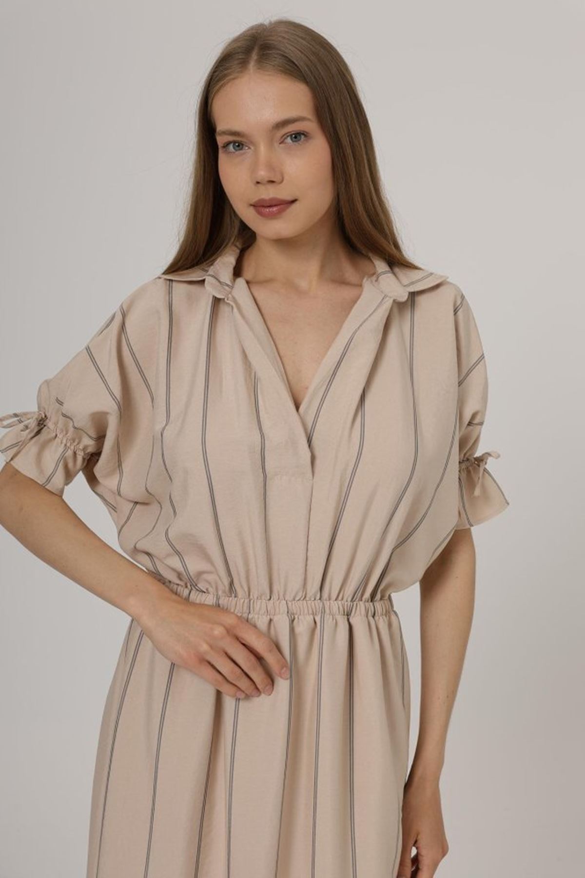 Beli Lastikli Elbise - Taş