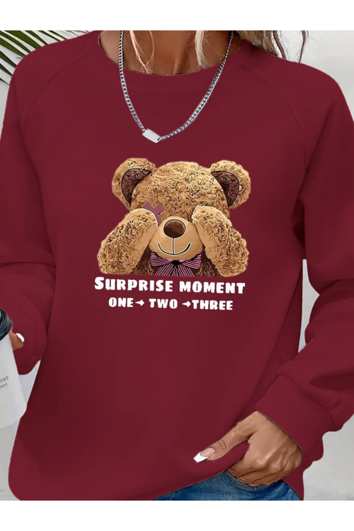 Kadın Uzun Kollu Bisiklet Yaka Ayıcık Desenli Viskon Iki Iplik Bluz