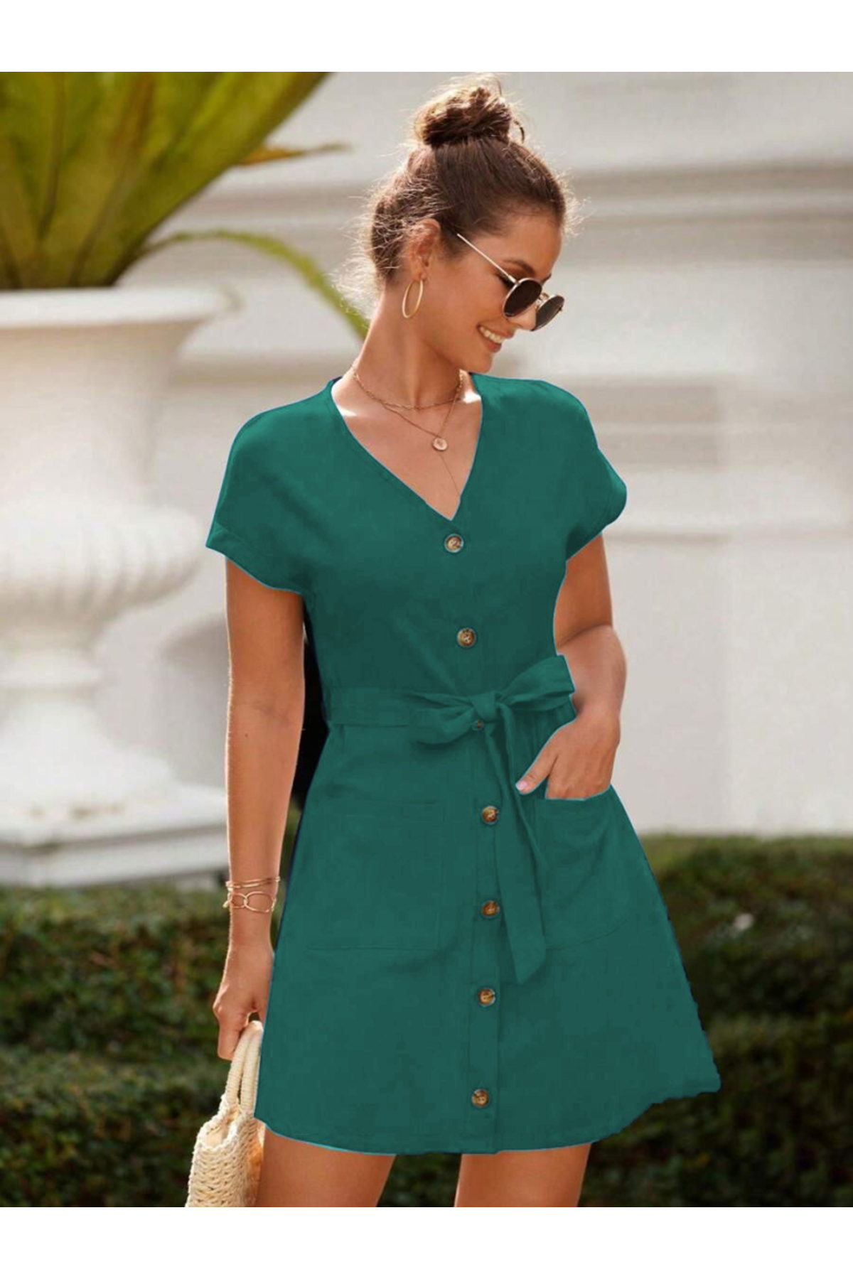 Kadın Kısa Kollu V Yakalı önden Düğmeli Belden Kuşaklı Cepli Sofya Elbise