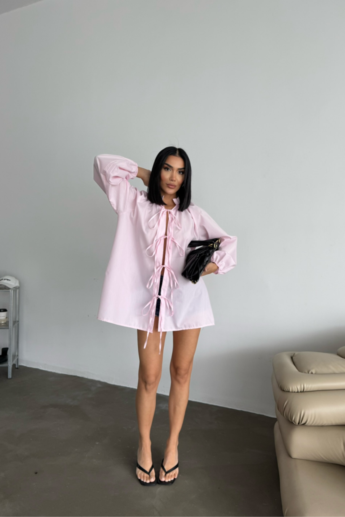 GÖMLEK POPLİN HAKİM YAKA ÖNDEN BAĞLAMA İP DETAYLI - Pembe