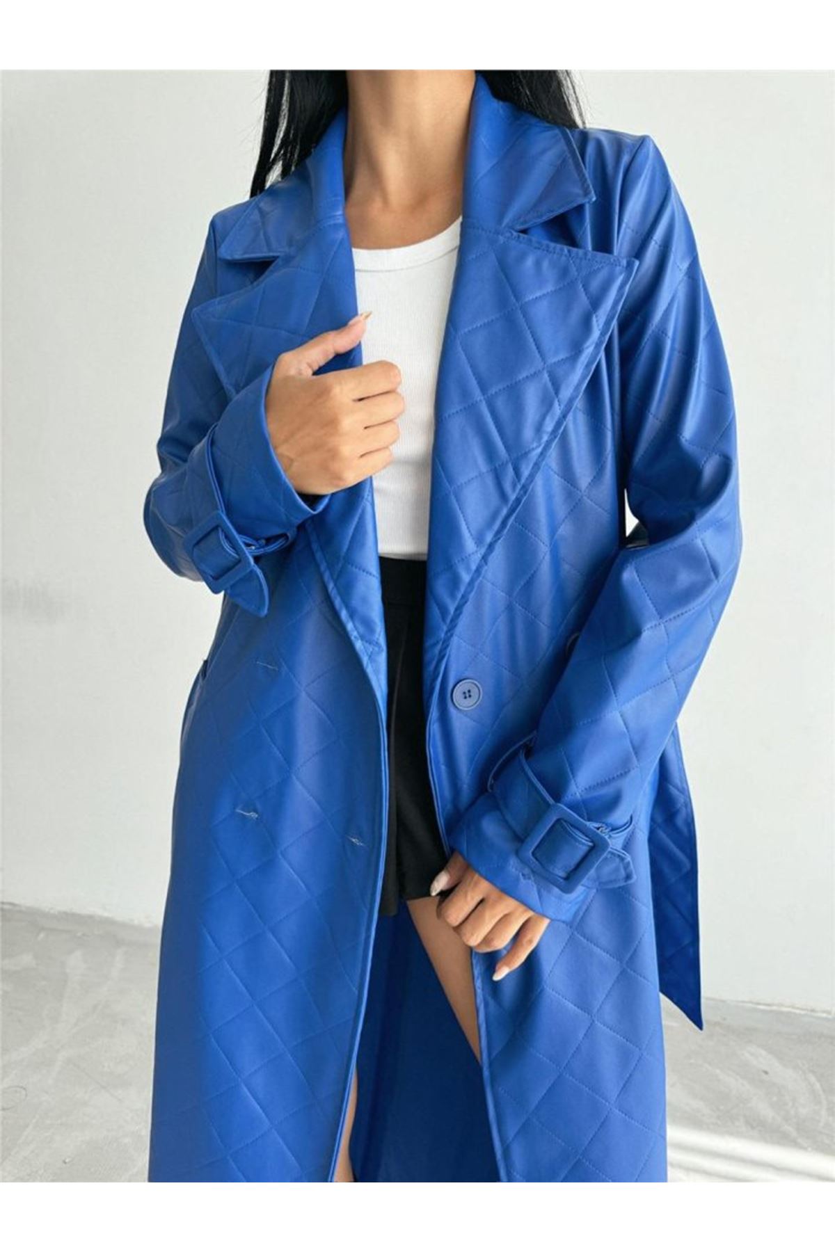 KAPİTONE DERİ TRENCH - Mavi