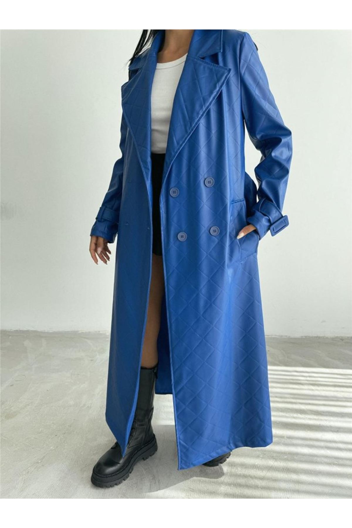 KAPİTONE DERİ TRENCH - Mavi