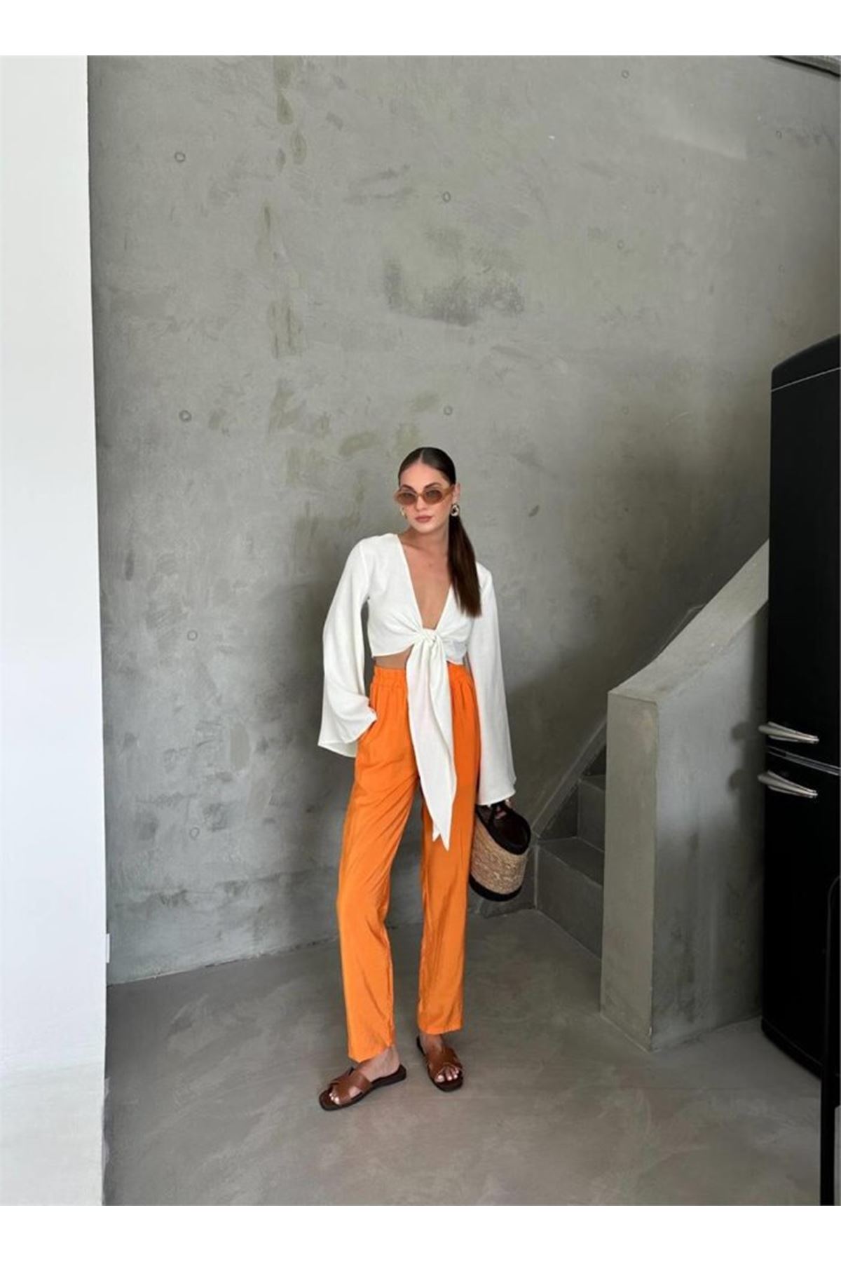 BEL LASTİK DETAYLI MODAL KUMAŞ PANTOLON - Orange