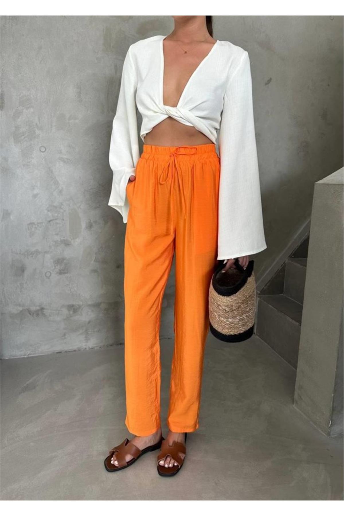 BEL LASTİK DETAYLI MODAL KUMAŞ PANTOLON - Orange
