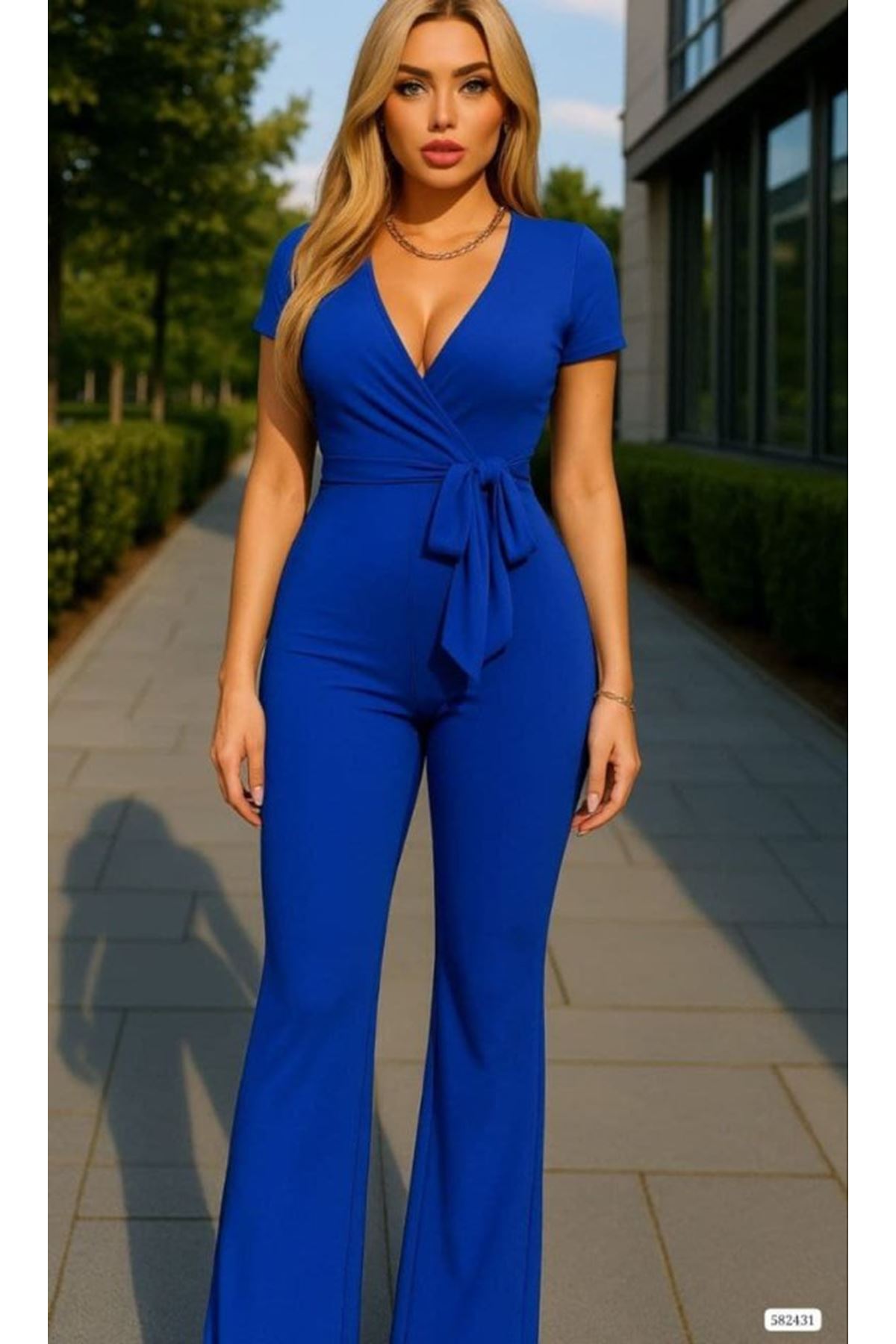 Kadın Kruvaze Yaka Kısa Kollu Kuşaklı Tulum