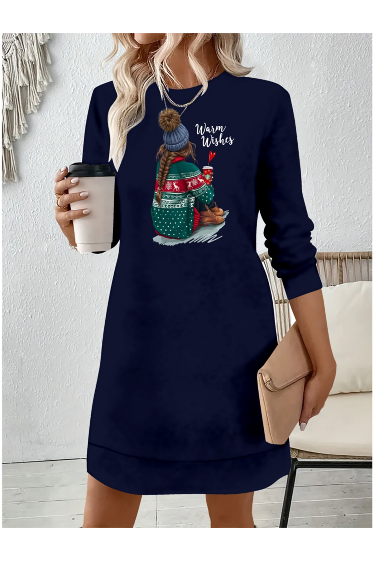 Kadın Uzun Kollu Bisiklet Yaka Desenli Viskon Iki Iplik Elbise