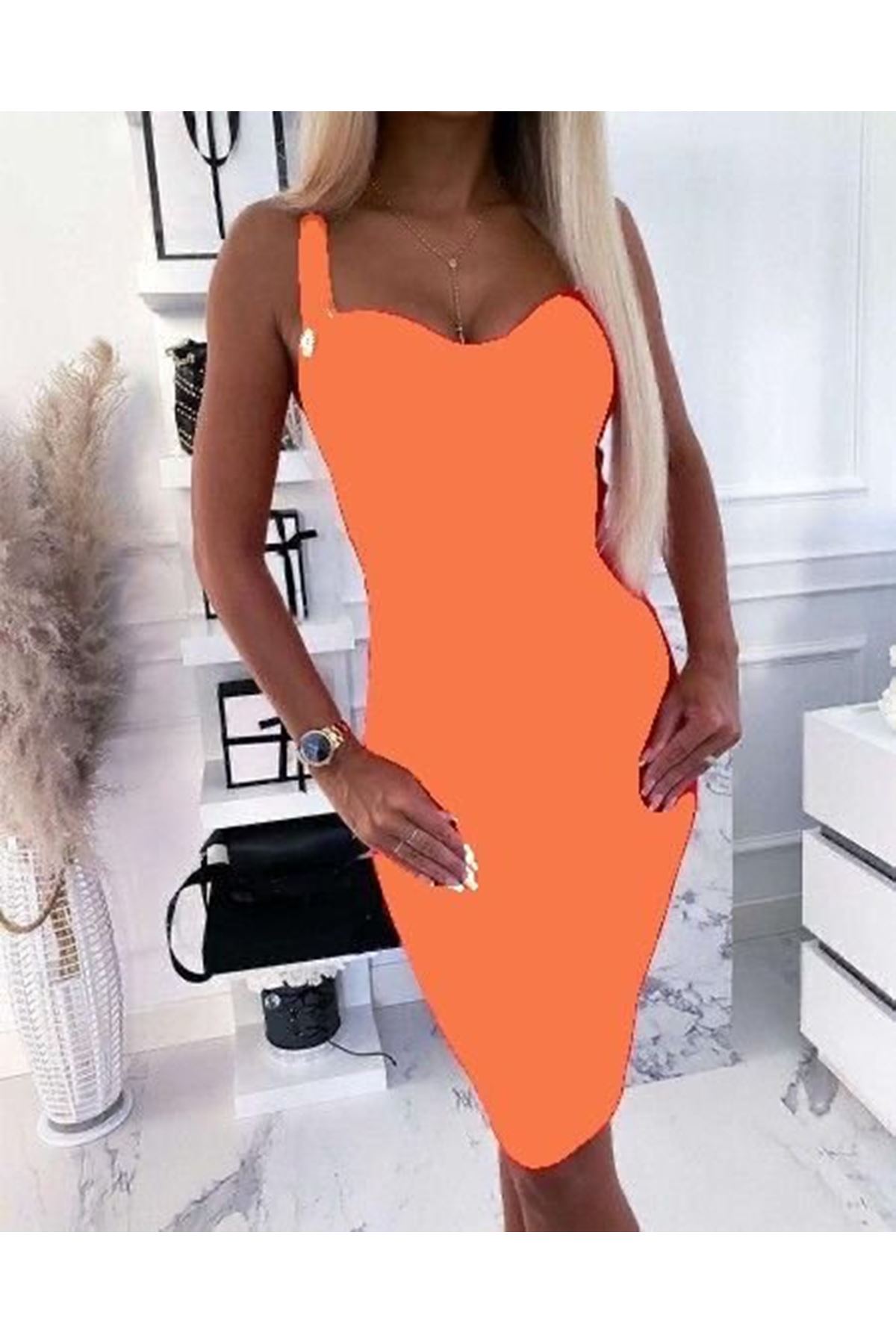 Kadın Dalgıç Kumaş Düğmeli Fermuarlı Askılı Elbise