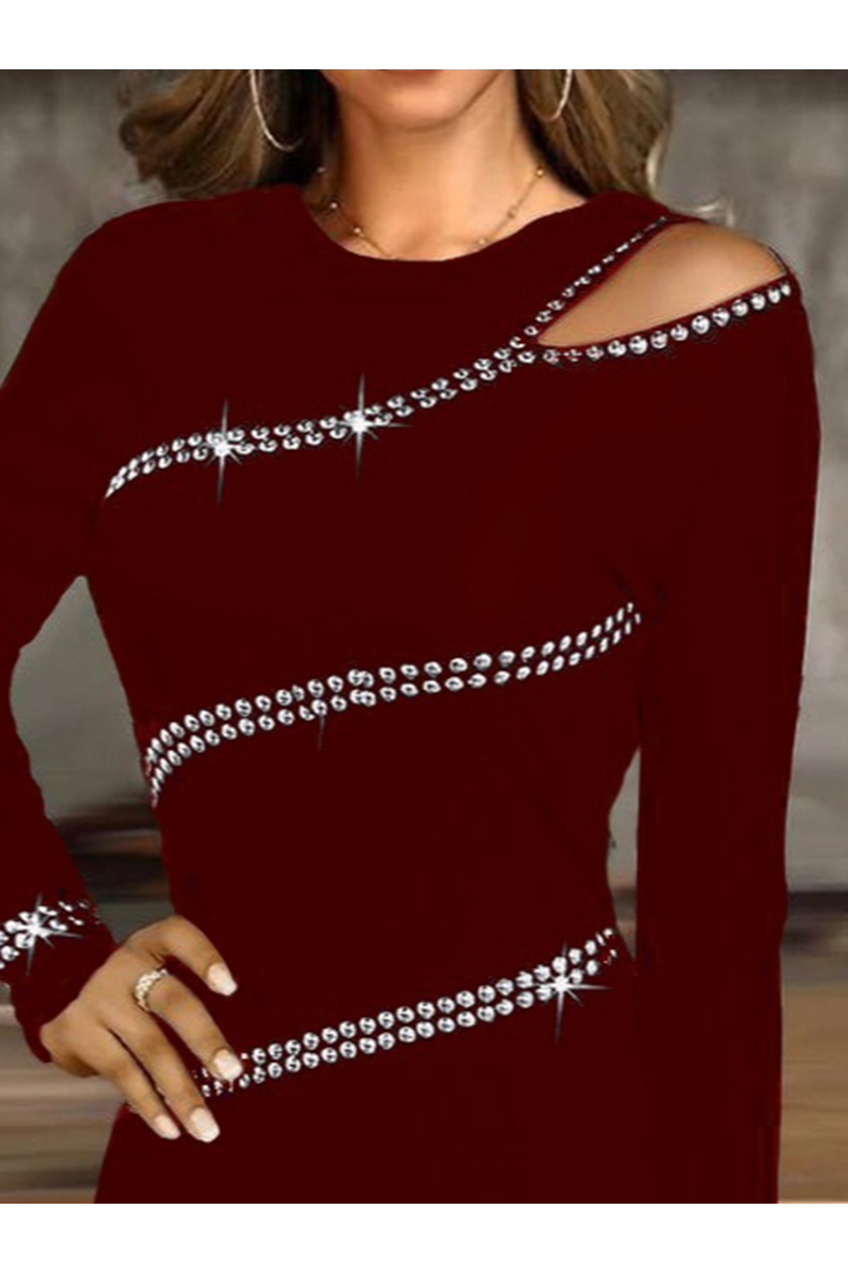 Kadın Uzun Kollu Omuz Pencere Detay Taş Işlemeli Dalgıç Mini Elbise