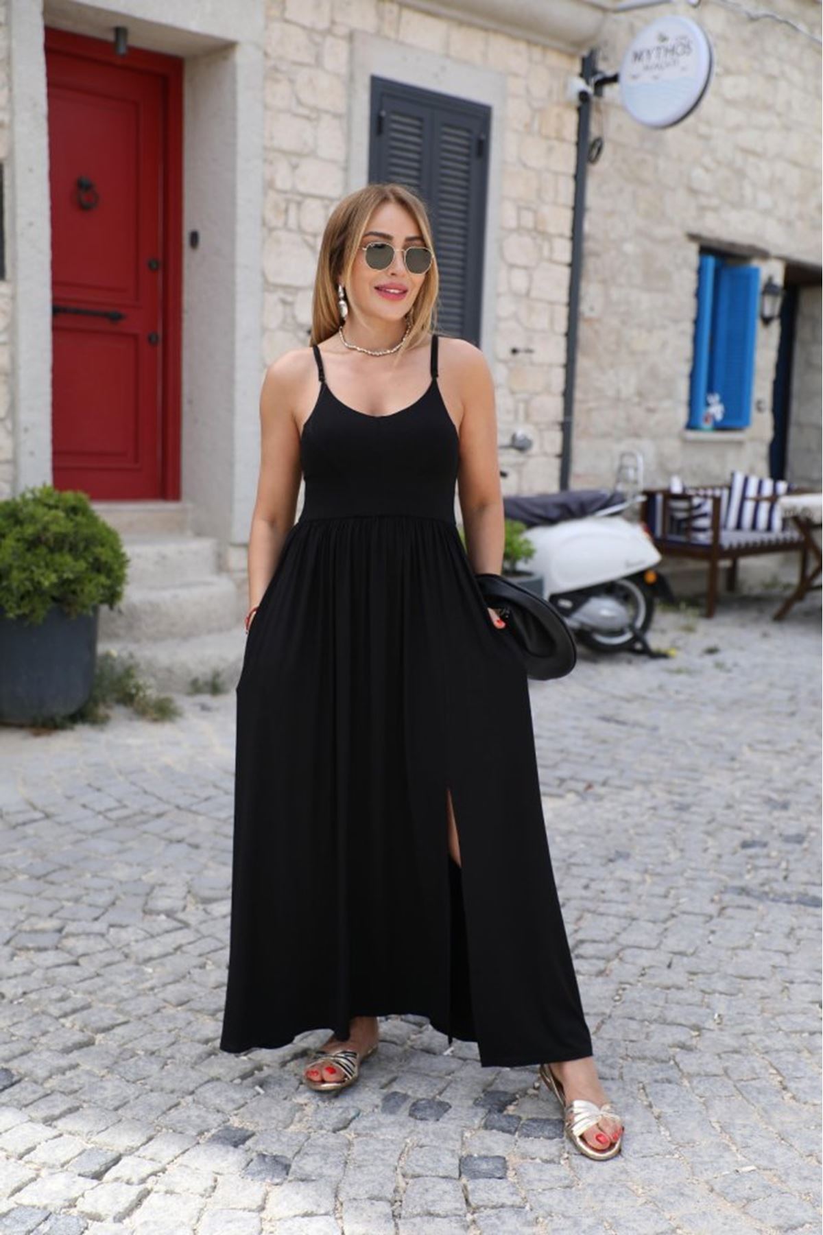 Kadın Sırttan çapraz Bağcıklı Yırtmaçlı Cepli Viskon Elbise