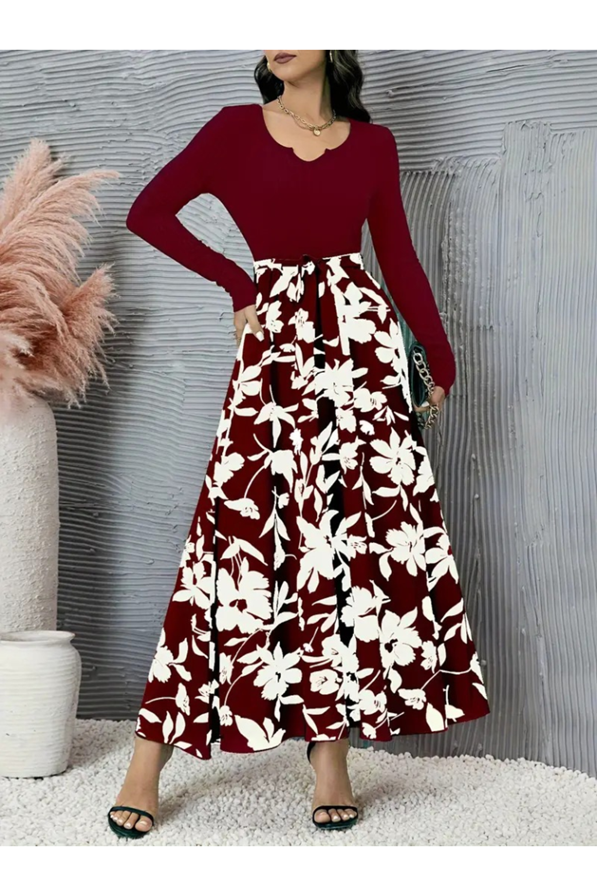 Kadın Uzun Kollu Yaka Açık üst Kaşkorse Beli Kuşaklı Alt çiçek Baskılı Dalgıç Elbise