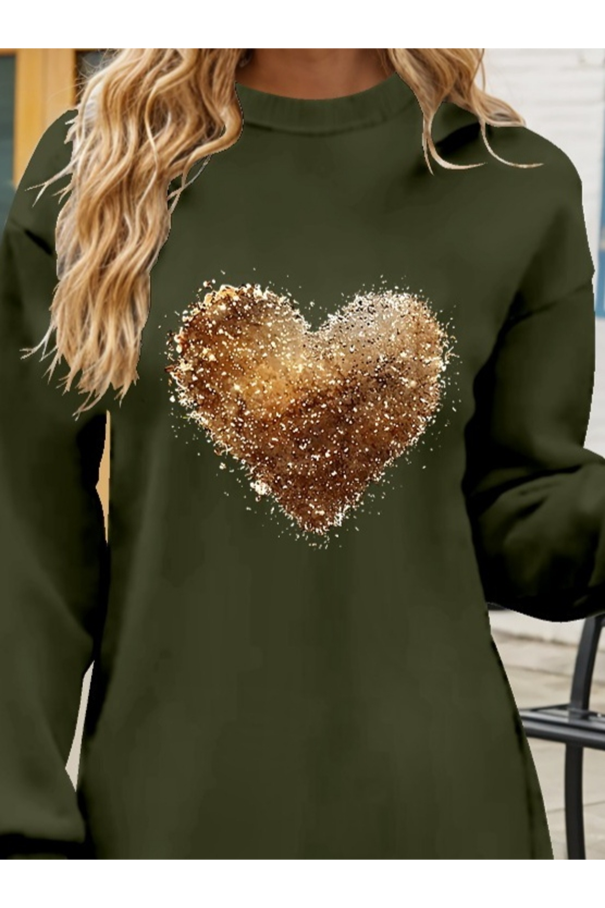 Kadın Uzun Kollu Bisiklet Yaka Kalp Desenli Viskon Iki Iplik Bluz