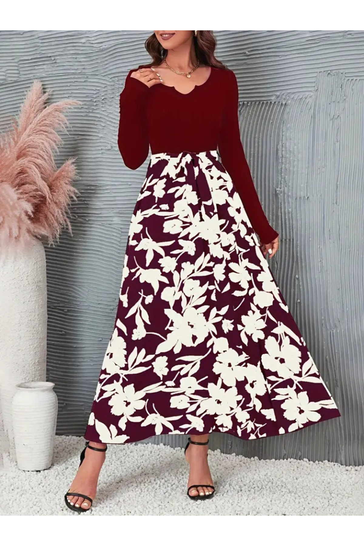 Kadın Uzun Kollu Yaka Açık üst Kaşkorse Beli Kuşaklı Alt çiçek Baskılı Dalgıç Elbise