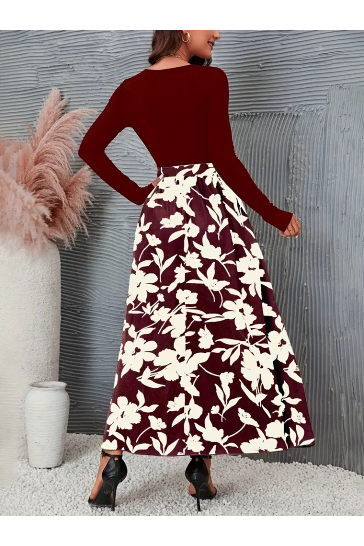 Kadın Uzun Kollu Yaka Açık üst Kaşkorse Beli Kuşaklı Alt çiçek Baskılı Dalgıç Elbise