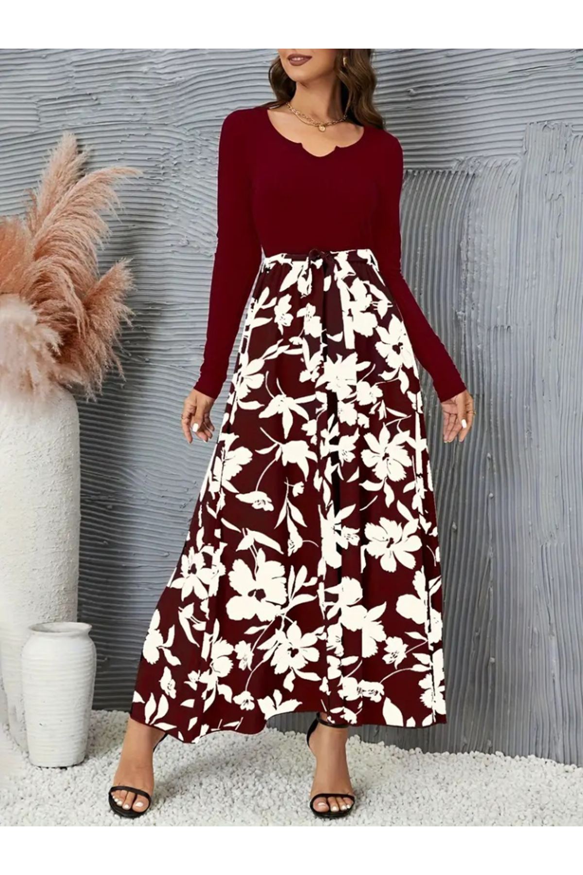 Kadın Uzun Kollu Yaka Açık üst Kaşkorse Beli Kuşaklı Alt çiçek Baskılı Dalgıç Elbise