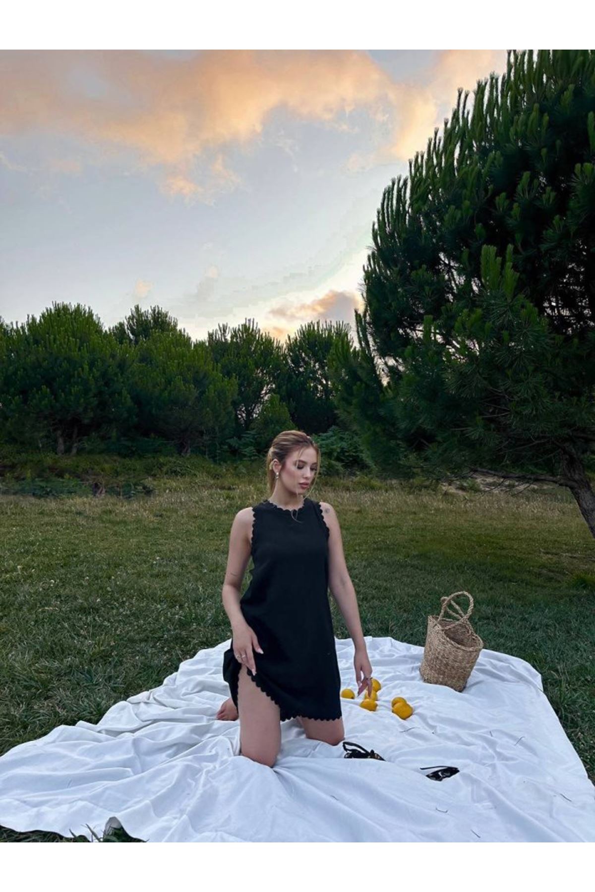 Kadın Keten Kumaş Kolsuz Mini Boy Elbise