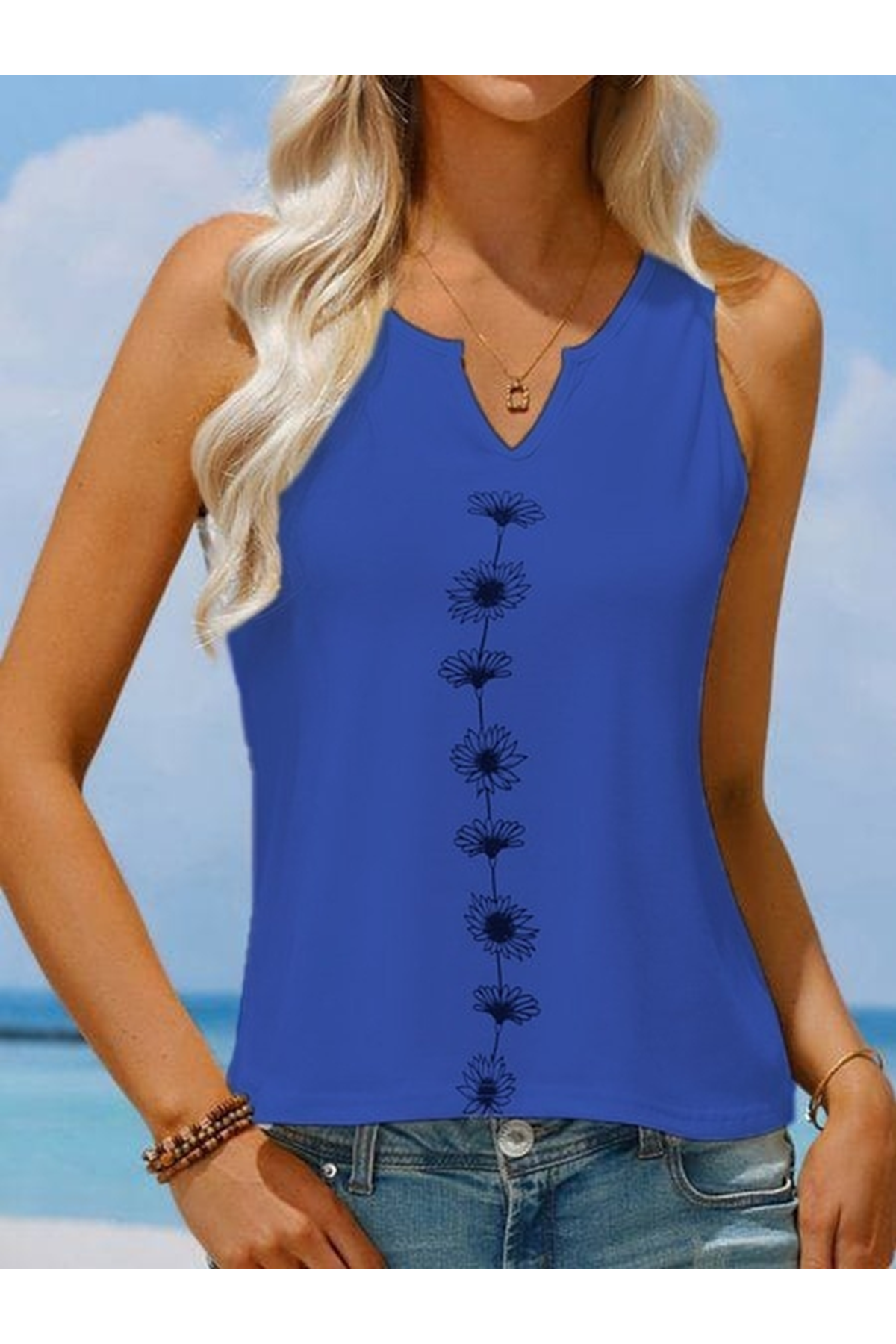 Kadın V Yaka Su Yolu çiçek Baskı Kolsuz Viskon Bluz