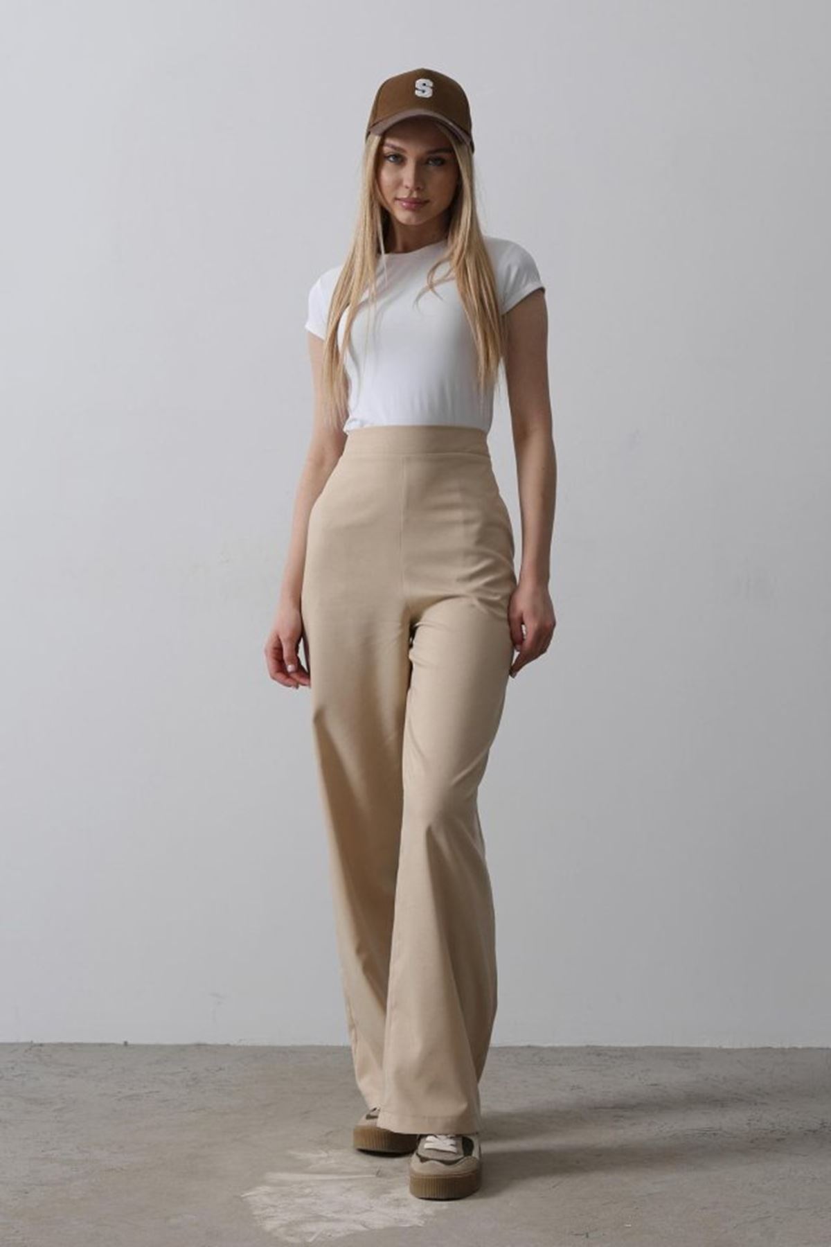 Beli Yarım Lastikli Palazzo Pantolon - Camel