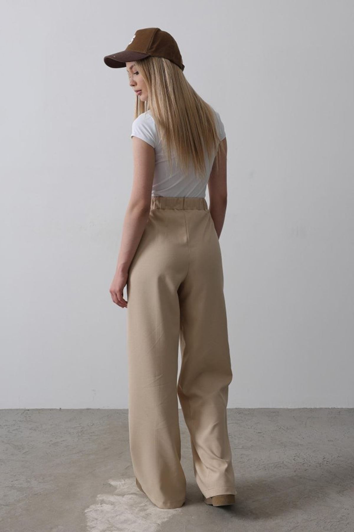 Beli Yarım Lastikli Palazzo Pantolon - Camel