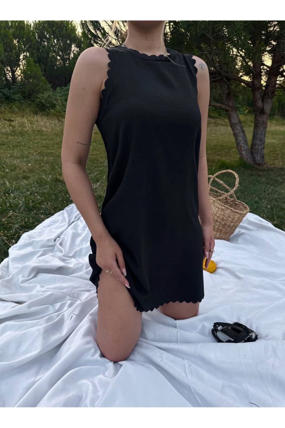 Kadın Keten Kumaş Kolsuz Mini Boy Elbise