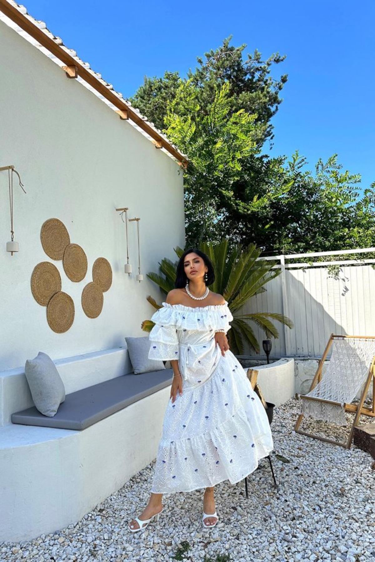 Lila Omuzları Lastikli Brode Elbise