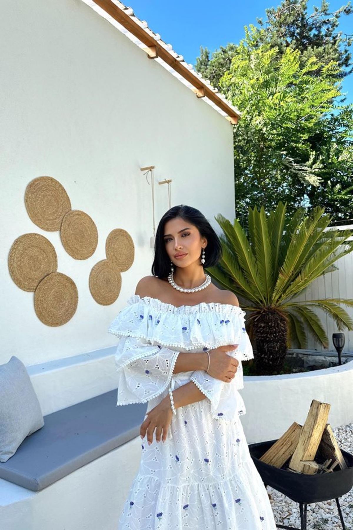 Lila Omuzları Lastikli Brode Elbise