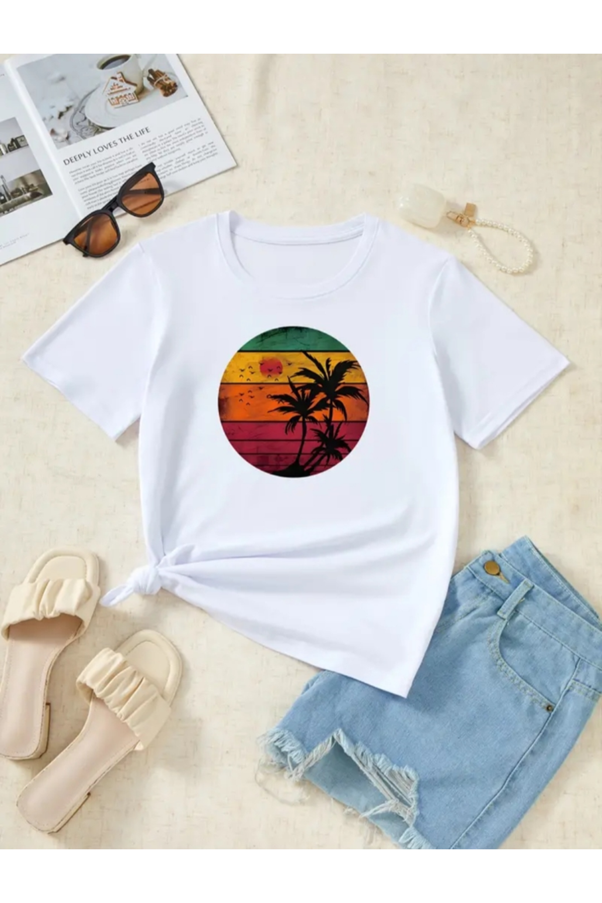 Kadın Kısa Kollu Palmiye Baskılı Viskon T-shirt