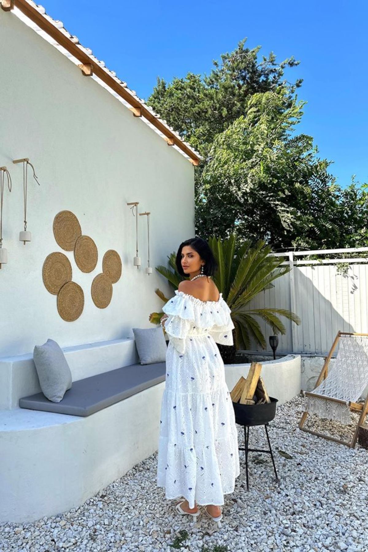 Lila Omuzları Lastikli Brode Elbise