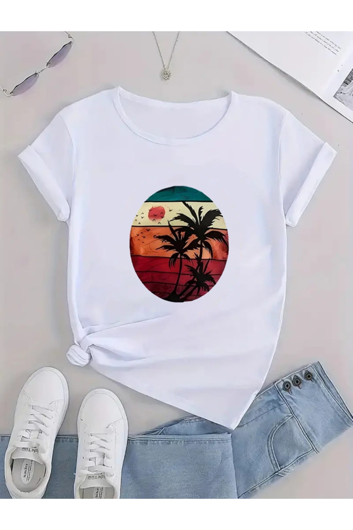 Kadın Kısa Kollu Palmiye Baskılı Viskon T-shirt