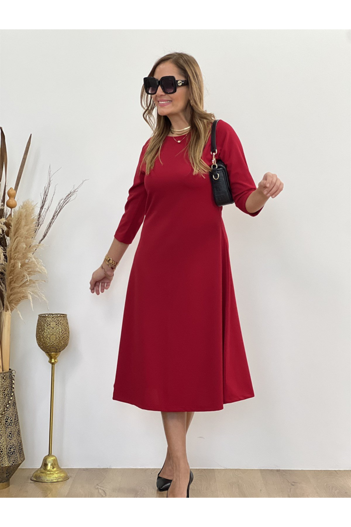 Kadın Uzun Truvakar Kol Bisiklet Yaka Midi Modal Elbise