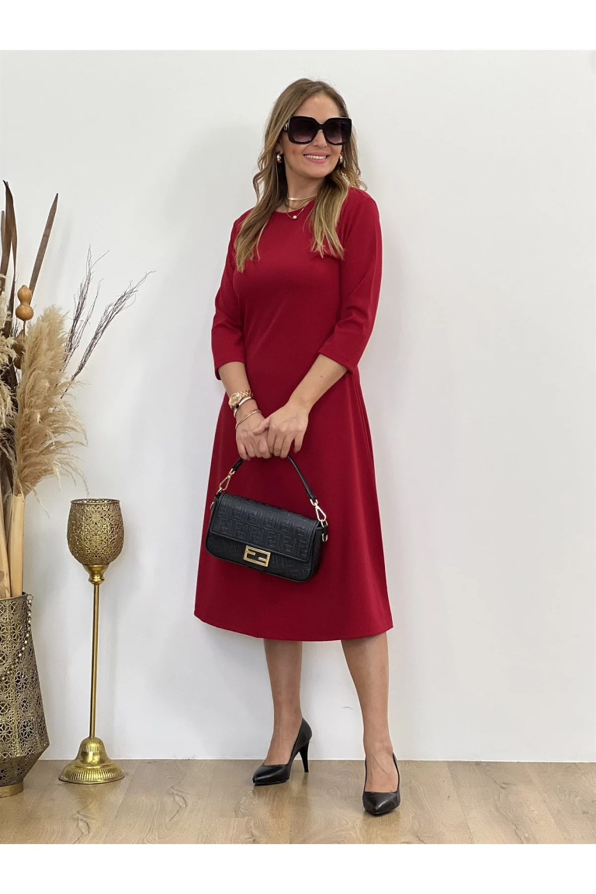 Kadın Uzun Truvakar Kol Bisiklet Yaka Midi Modal Elbise