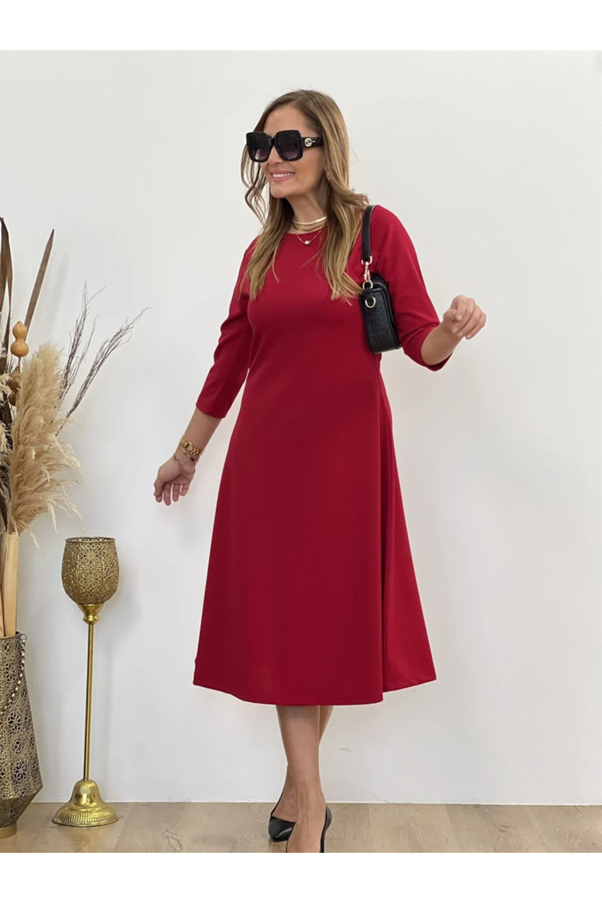 Kadın Uzun Truvakar Kol Bisiklet Yaka Midi Modal Elbise