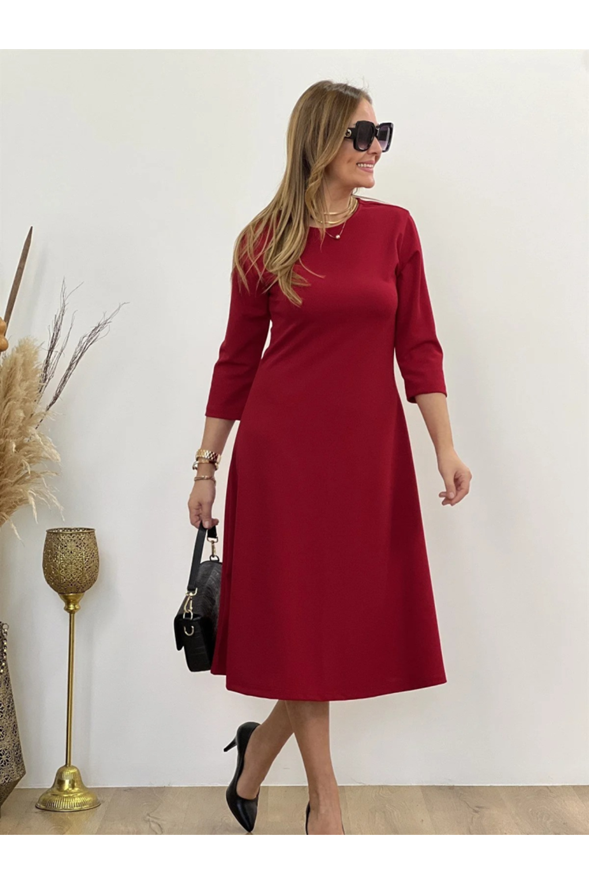 Kadın Uzun Truvakar Kol Bisiklet Yaka Midi Modal Elbise