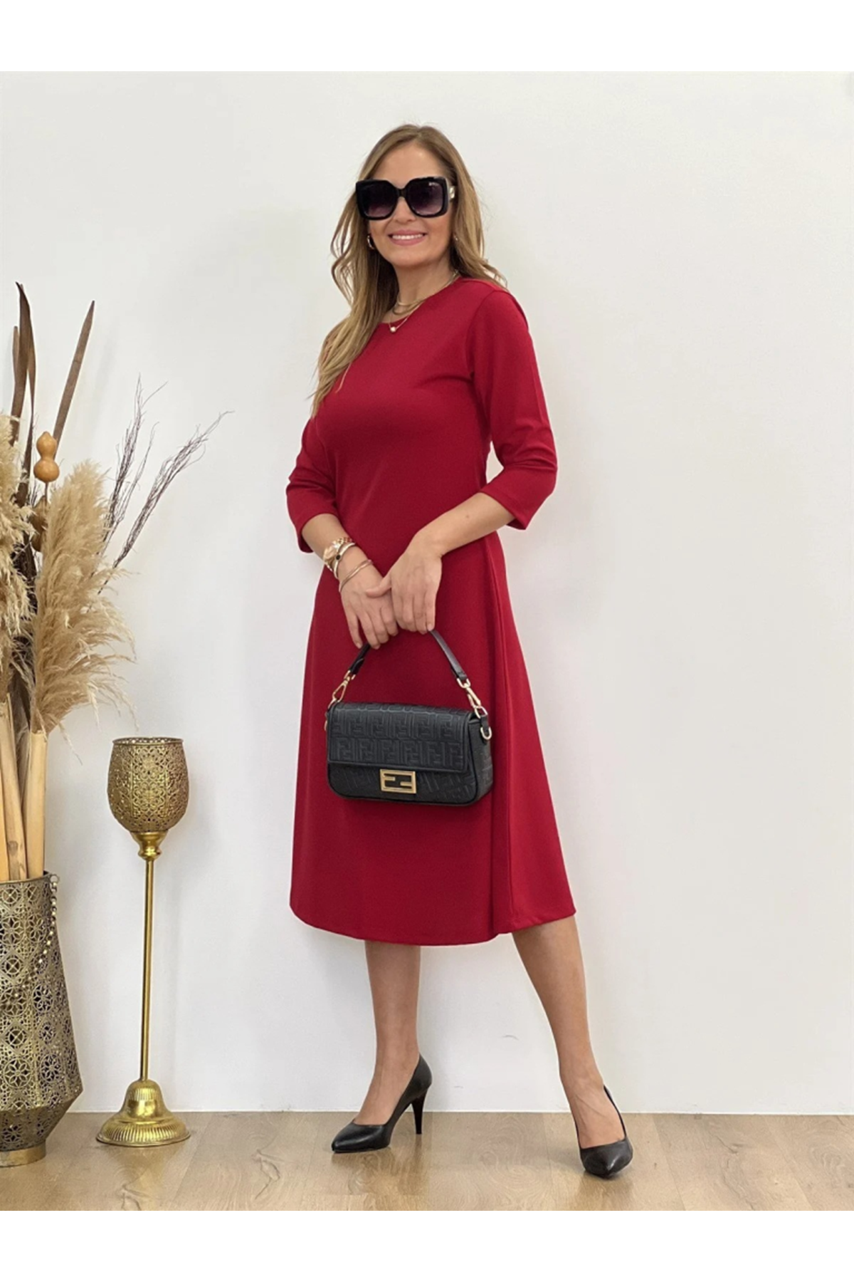 Kadın Uzun Truvakar Kol Bisiklet Yaka Midi Modal Elbise