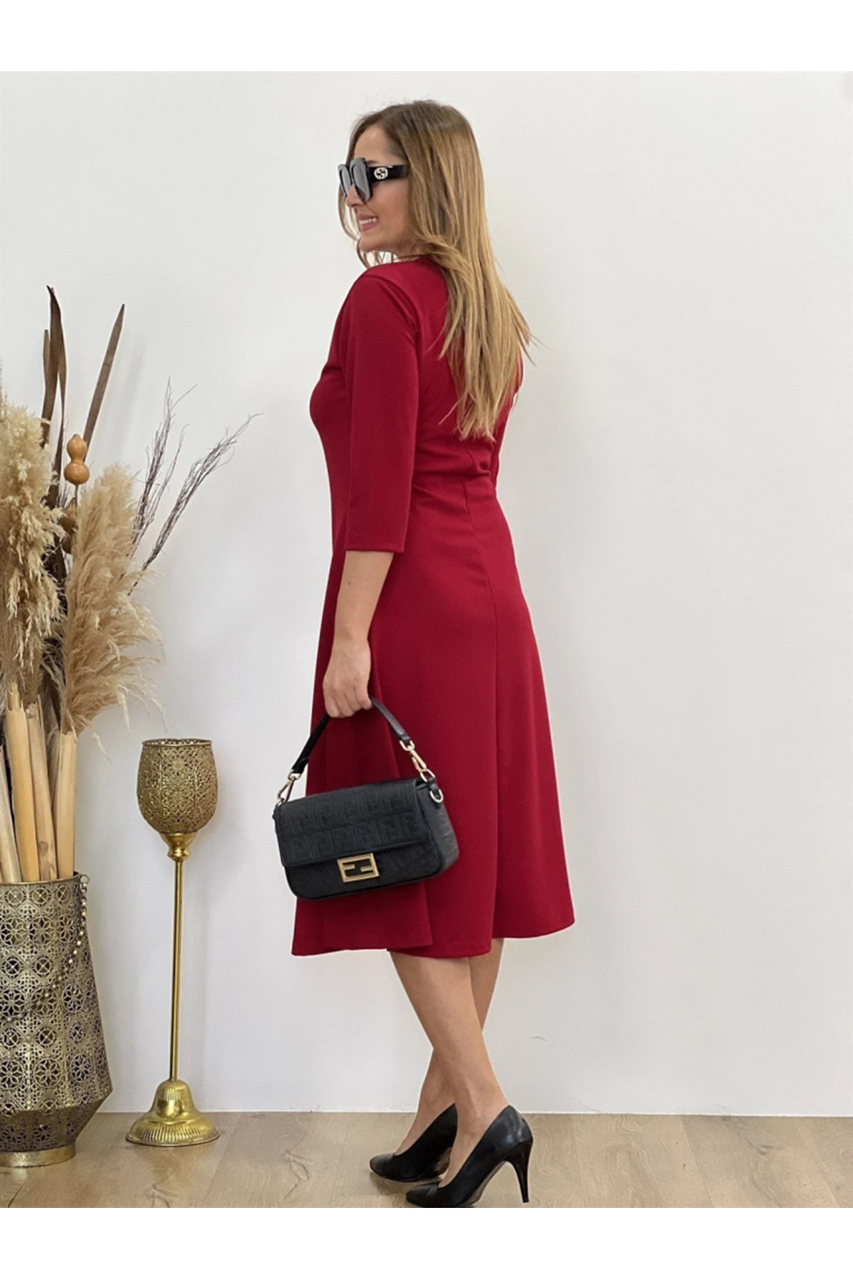 Kadın Uzun Truvakar Kol Bisiklet Yaka Midi Modal Elbise